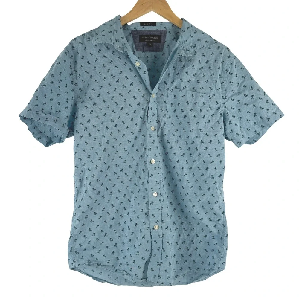 Banana Republic Men's Slim Fit Palm Tree Print Short Sleeve Shirt M‎